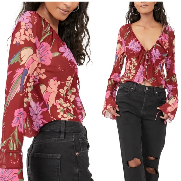 FREE PEOPLE OF PARADISE FLORAL RED PINK CROP TOP SMALL - Picture 4 of 12
